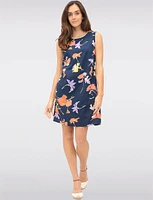 Linen-Blend Sleeveless Floral-Print Round-Neck Dress with Pockets by Devia