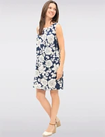 Sleeveless Abstract Floral-Print Linen-Blend Dress with Side Pockets by Devia
