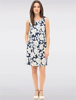 Sleeveless Abstract Floral-Print Linen-Blend Dress with Side Pockets by Devia