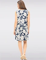 Sleeveless Abstract Floral-Print Linen-Blend Dress with Side Pockets by Devia