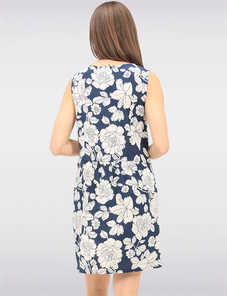 Sleeveless Abstract Floral-Print Linen-Blend Dress with Side Pockets by Devia