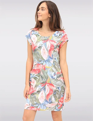 Multicolor Leaf-Print Short-Sleeve Knee-Length Dress with Front Pockets by Devia