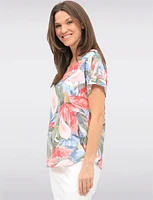 Flowy Multicolor Leaf-Print Cap Sleeve Top with Rounded Hem by Devia