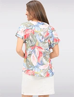 Flowy Multicolor Leaf-Print Cap Sleeve Top with Rounded Hem by Devia