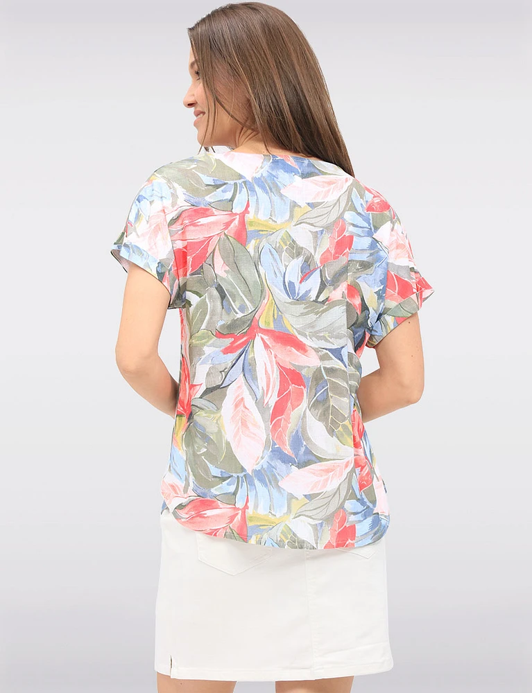 Flowy Multicolor Leaf-Print Cap Sleeve Top with Rounded Hem by Devia