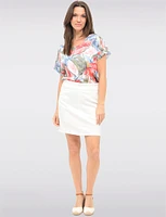 Flowy Multicolor Leaf-Print Cap Sleeve Top with Rounded Hem by Devia