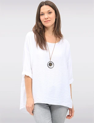 Flowy Round Neck Asymmetrical Hem Top with 3/4 Sleeves and Necklace by Froccella