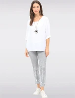 Flowy Round Neck Asymmetrical Hem Top with 3/4 Sleeves and Necklace by Froccella