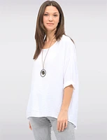 Flowy Round Neck Asymmetrical Hem Top with 3/4 Sleeves and Necklace by Froccella