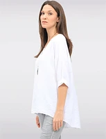 Flowy Round Neck Asymmetrical Hem Top with 3/4 Sleeves and Necklace by Froccella