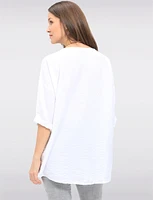 Flowy Round Neck Asymmetrical Hem Top with 3/4 Sleeves and Necklace by Froccella