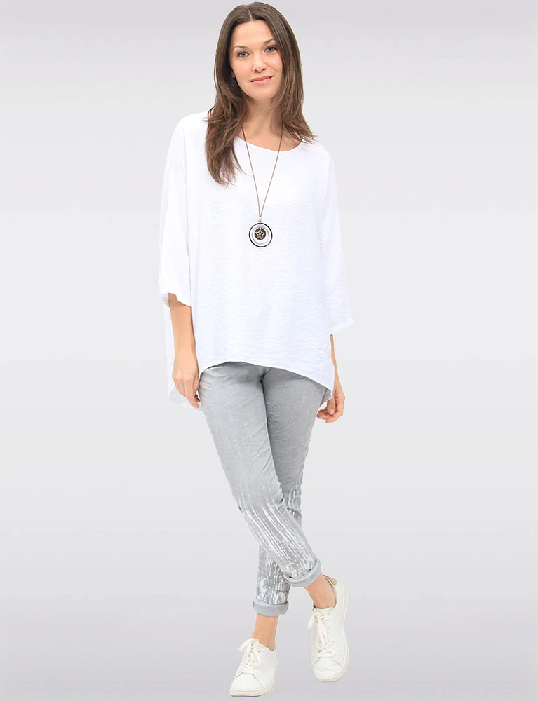 Flowy Round Neck Asymmetrical Hem Top with 3/4 Sleeves and Necklace by Froccella