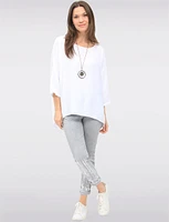 Flowy Round Neck Asymmetrical Hem Top with 3/4 Sleeves and Necklace by Froccella