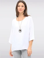 Flowy Round Neck Asymmetrical Hem Top with 3/4 Sleeves and Necklace by Froccella