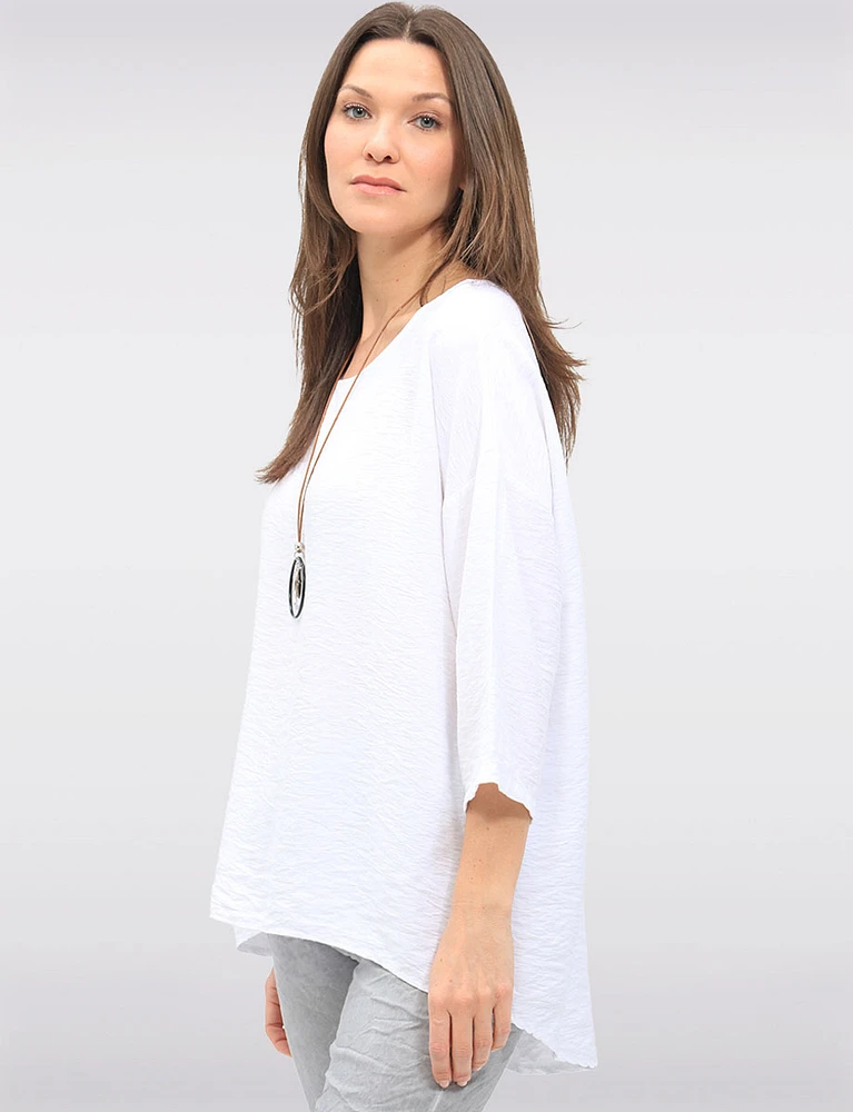 Flowy Round Neck Asymmetrical Hem Top with 3/4 Sleeves and Necklace by Froccella