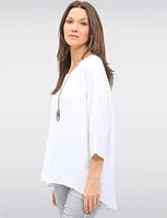 Flowy Round Neck Asymmetrical Hem Top with 3/4 Sleeves and Necklace by Froccella