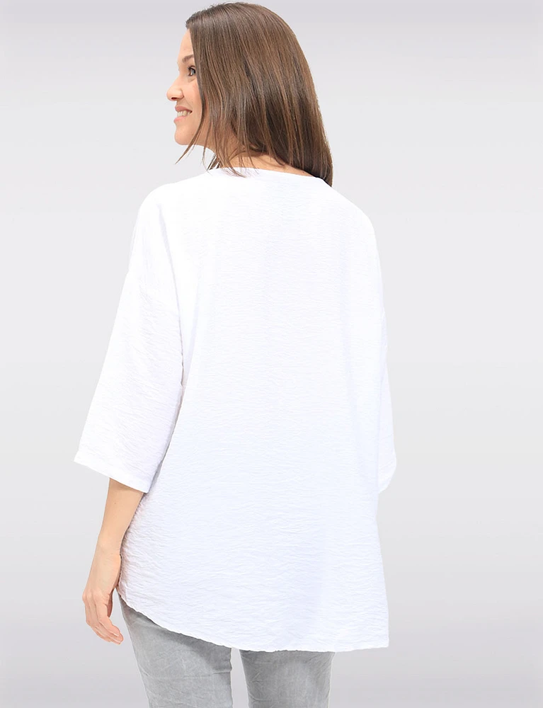 Flowy Round Neck Asymmetrical Hem Top with 3/4 Sleeves and Necklace by Froccella