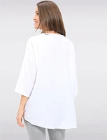 Flowy Round Neck Asymmetrical Hem Top with 3/4 Sleeves and Necklace by Froccella