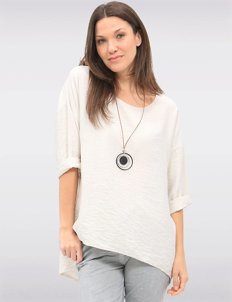 Flowy Round Neck Asymmetrical Hem Top with 3/4 Sleeves and Necklace by Froccella