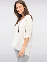Flowy Round Neck Asymmetrical Hem Top with 3/4 Sleeves and Necklace by Froccella