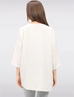 Flowy Round Neck Asymmetrical Hem Top with 3/4 Sleeves and Necklace by Froccella