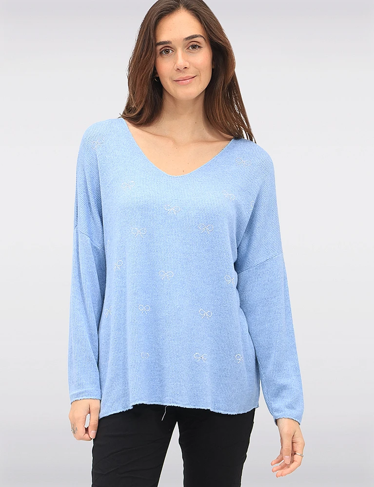 Wool-Blend Embellished Jewel Bow Design Long Sleeve V-Neck Top by Froccella