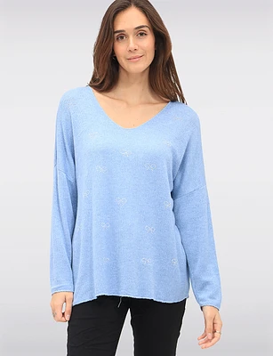 Wool-Blend Embellished Jewel Bow Design Long Sleeve V-Neck Top by Froccella