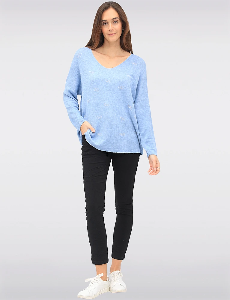 Wool-Blend Embellished Jewel Bow Design Long Sleeve V-Neck Top by Froccella