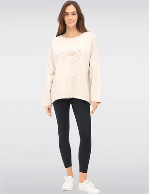 Sunflower Appliqué Sequins & Adjustable Drawstring Hemline Knit Top by Froccella