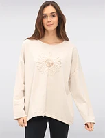 Sunflower Appliqué Sequins & Adjustable Drawstring Hemline Knit Top by Froccella