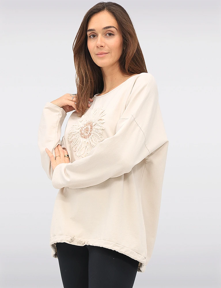 Sunflower Appliqué Sequins & Adjustable Drawstring Hemline Knit Top by Froccella