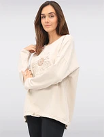 Sunflower Appliqué Sequins & Adjustable Drawstring Hemline Knit Top by Froccella