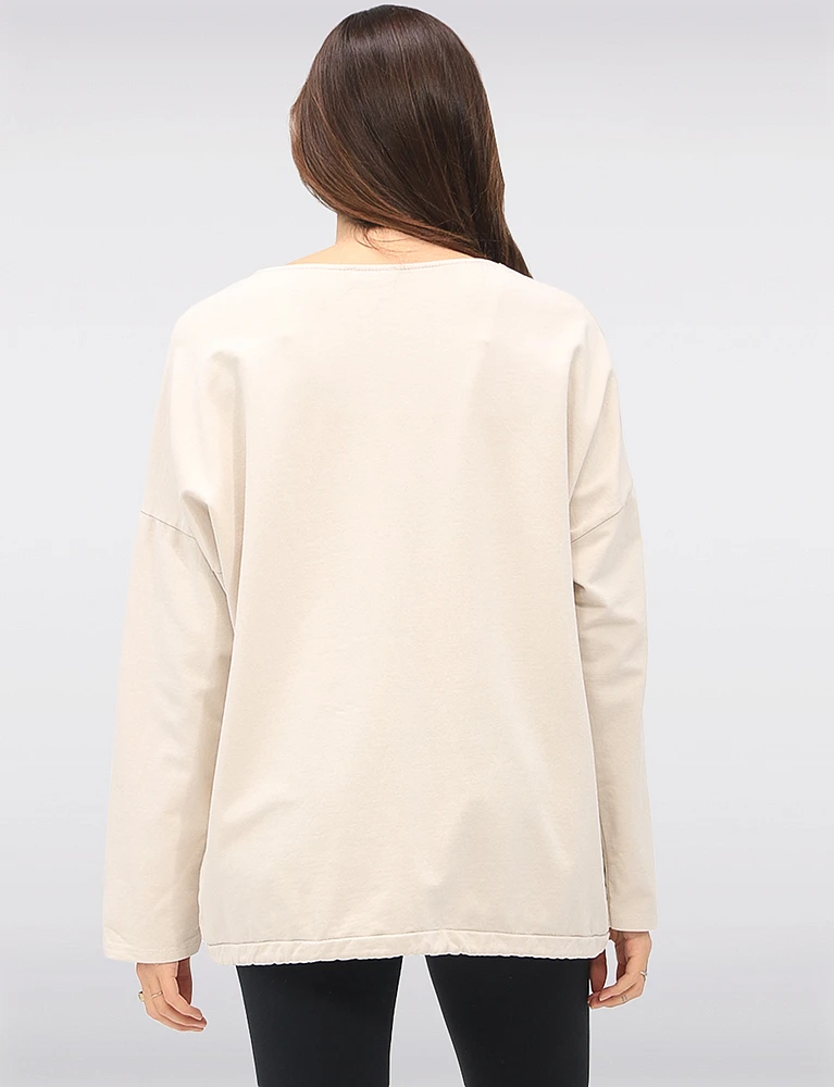 Sunflower Appliqué Sequins & Adjustable Drawstring Hemline Knit Top by Froccella