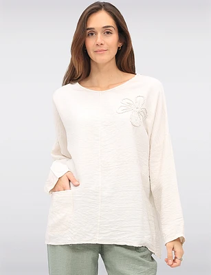 Lightweight Crinkled Flowy 3/4 Sleeve Flower Applique Top by Froccella