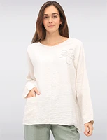 Lightweight Crinkled Flowy 3/4 Sleeve Flower Applique Top by Froccella