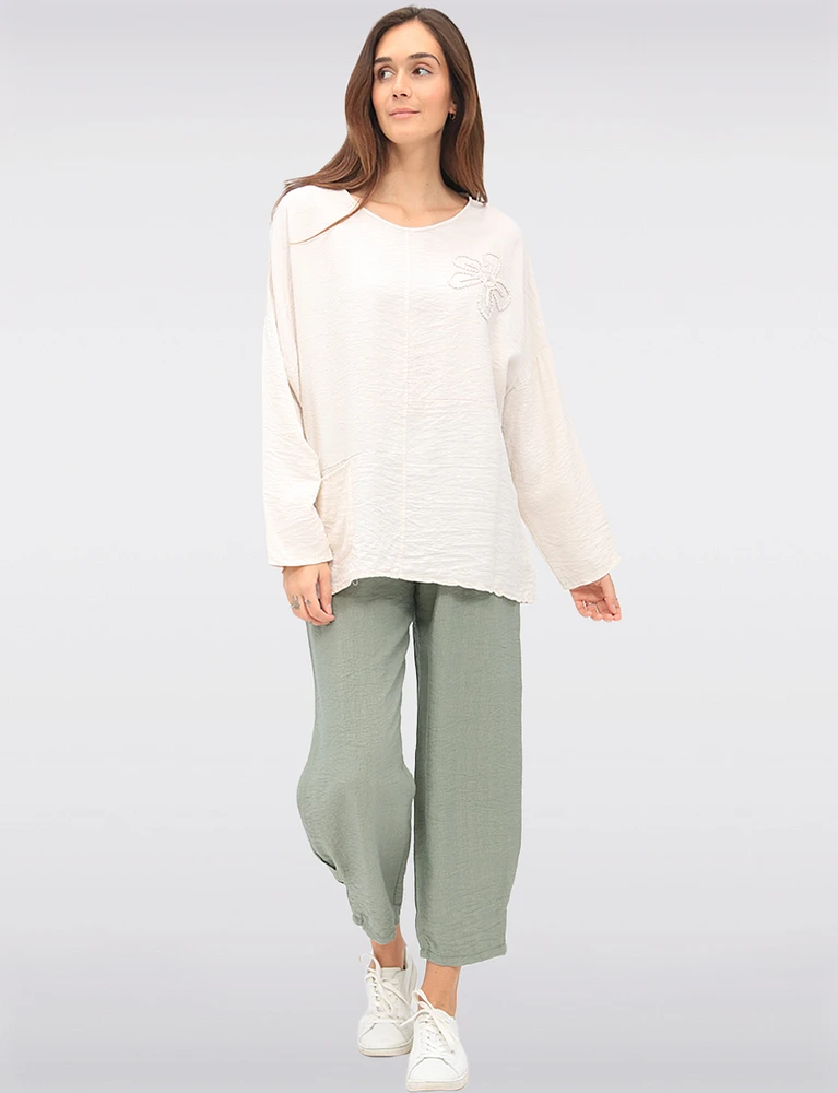 Lightweight Crinkled Flowy 3/4 Sleeve Flower Applique Top by Froccella