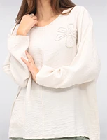 Lightweight Crinkled Flowy 3/4 Sleeve Flower Applique Top by Froccella