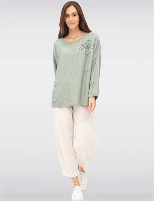 Lightweight Flowy Stretch Pull-On Pants with Floral Appliqué by Froccella