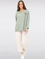 Lightweight Flowy Stretch Pull-On Pants with Floral Appliqué by Froccella