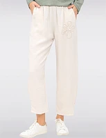 Lightweight Flowy Stretch Pull-On Pants with Floral Appliqué by Froccella
