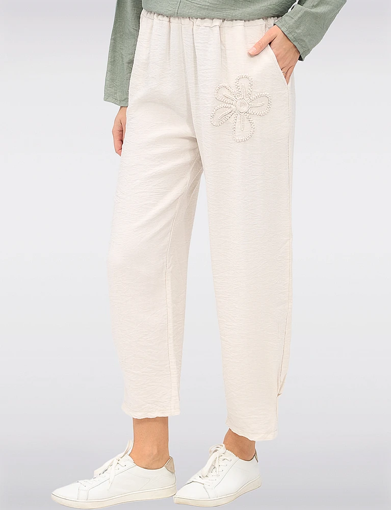 Lightweight Flowy Stretch Pull-On Pants with Floral Appliqué by Froccella