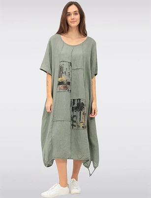 Patchwork Linen-Cotton Maxi Dress with Adjustable Bubble Hem by Froccella