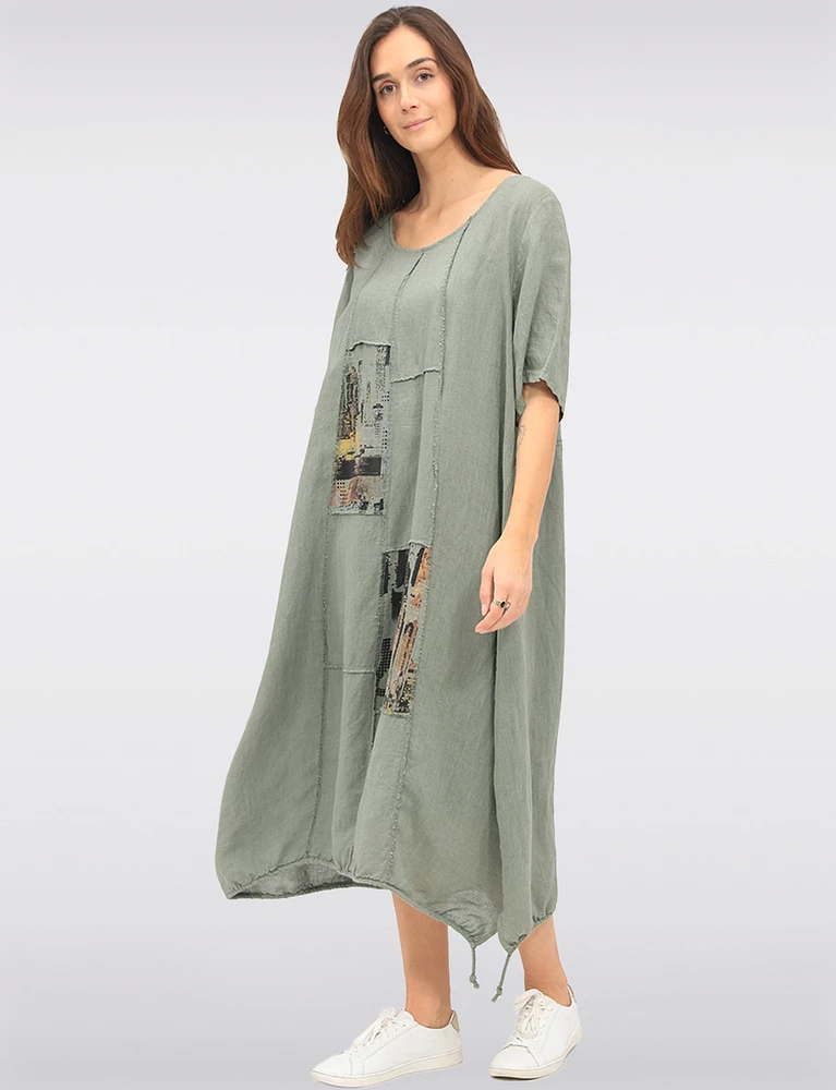 Patchwork Linen-Cotton Maxi Dress with Adjustable Bubble Hem by Froccella