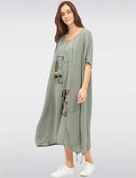 Patchwork Linen-Cotton Maxi Dress with Adjustable Bubble Hem by Froccella