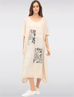 Patchwork Linen-Cotton Maxi Dress with Adjustable Bubble Hem by Froccella