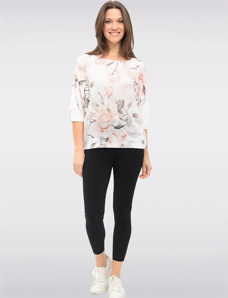 Soft Pastel Floral Print 3/4 Dolman Sleeves Round Neck Knit Top by Froccella