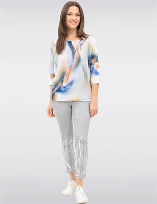 Elegant Marble Print 3/4 Dolman Sleeves Knit Top With Round Neck by Froccella