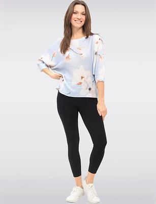 Soft White Floral Print 3/4 Dolman Sleeves Knit Top With Round Neck by Froccella