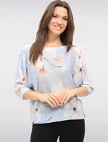 Soft White Floral Print 3/4 Dolman Sleeves Knit Top With Round Neck by Froccella