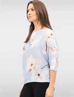 Soft White Floral Print 3/4 Dolman Sleeves Knit Top With Round Neck by Froccella